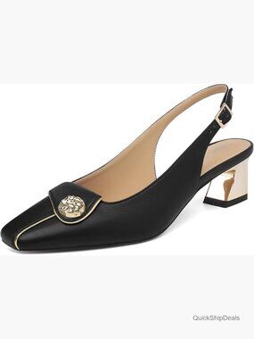 Faux Leather Slingback Pumps with Chunky Block Heel and Square Toe